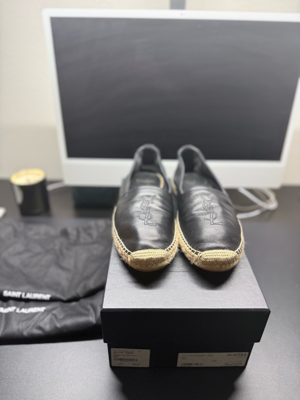 Saint Laurent Black Leather Espadrille Loafers with Natural Jute Trim